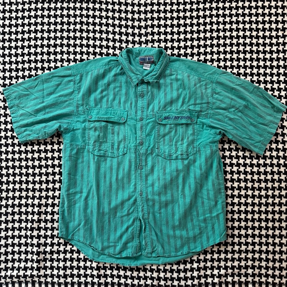 Vintage 90s Bugle Boy Casual Button Down Short Sleeved Striped Shirt. XL.